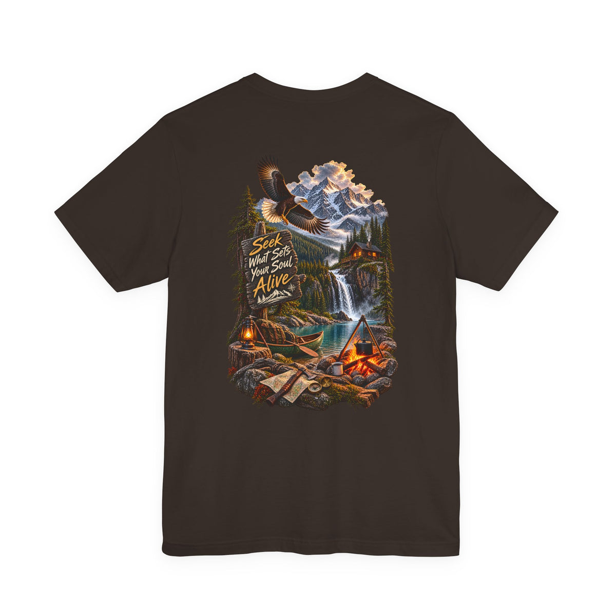 Adventure Tee — 'Seek What Sets Your Soul Alive' Mountain & Campback Graphic