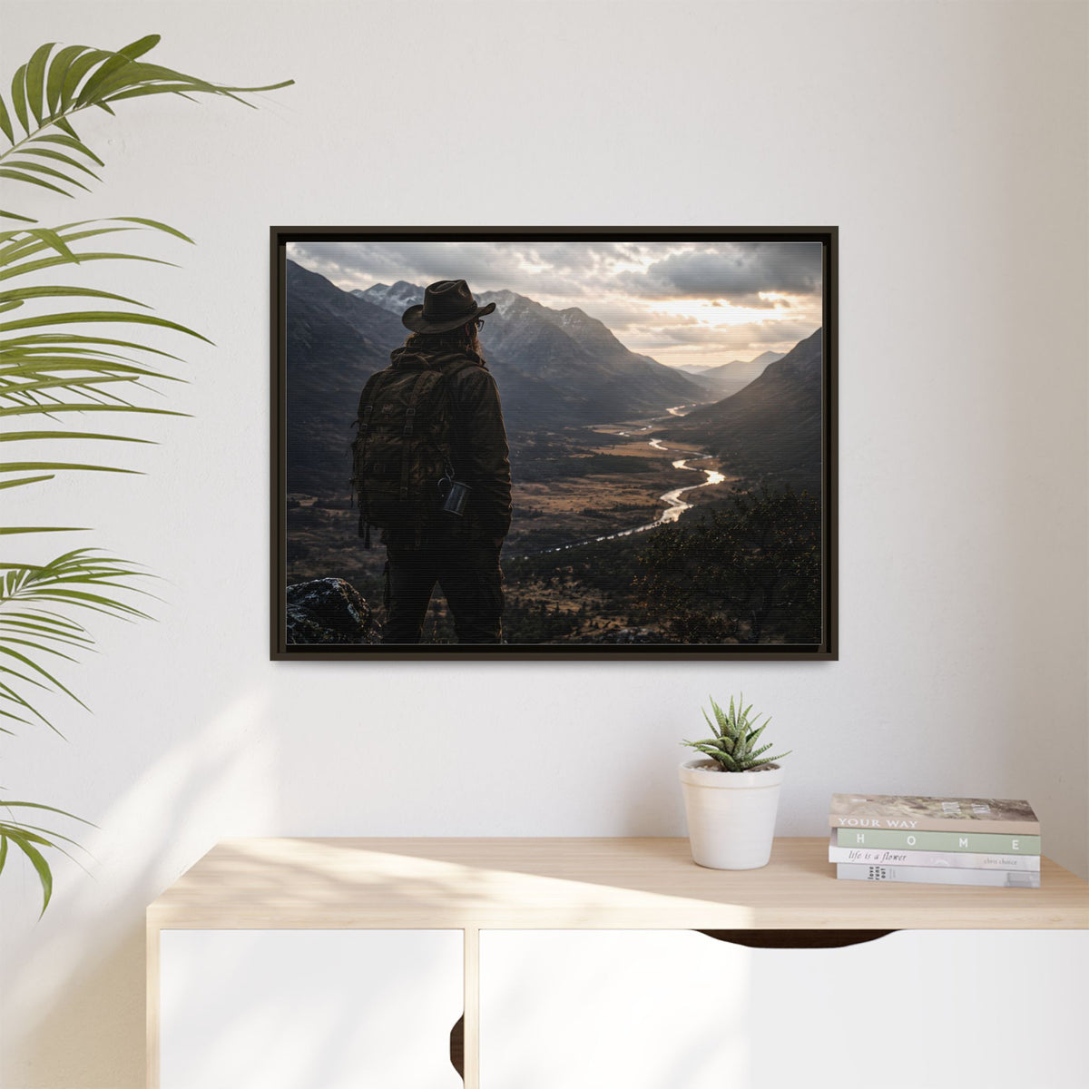 Wanderer in the Valley Matte Framed Canvas – Adventure Landscape Wall Art