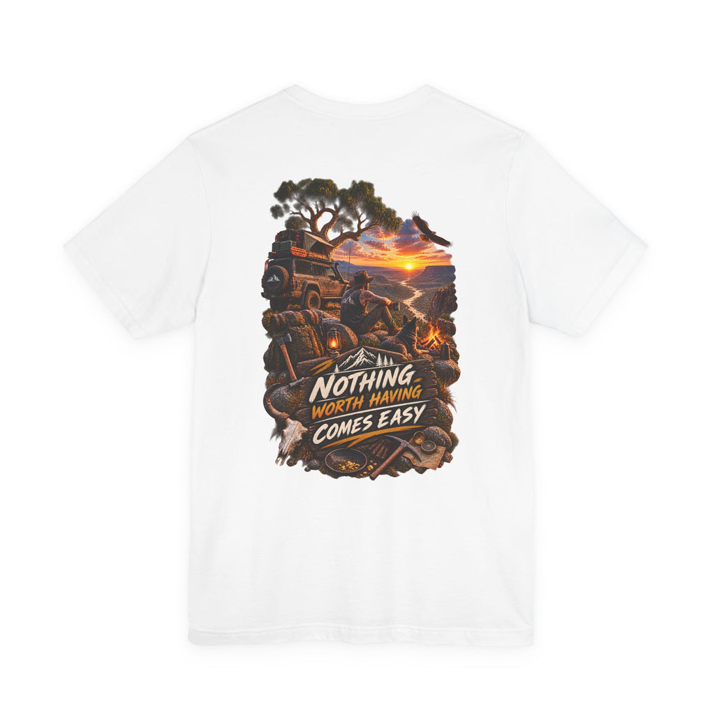 T-shirt Aventure — T-shirt graphique « Nothing Worth Having Comes Easy » au coucher de soleil tout-terrain