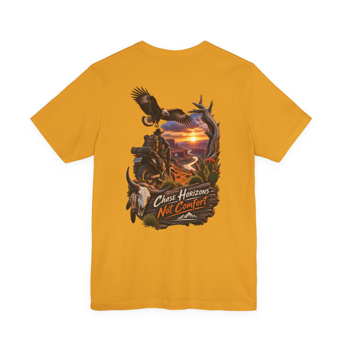 Chase Horizons Not Comfort T-Shirt — Adventure Motorcycle Sunset Graphic Tee