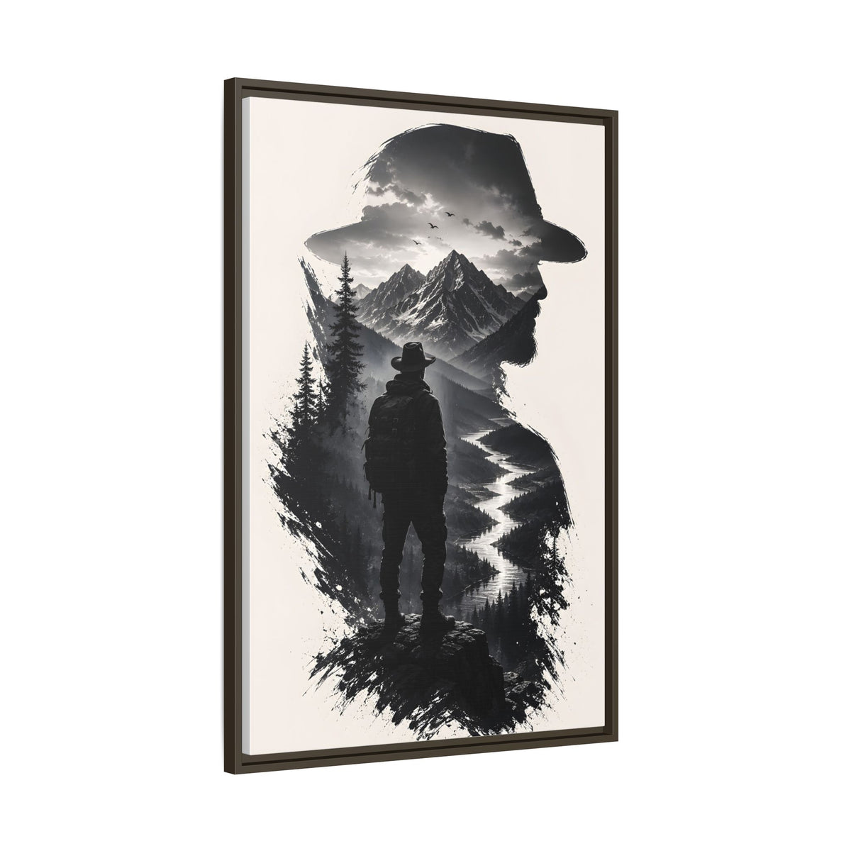 Adventure Silhouette Matte Canvas Framed Print — Mountain Hiker Double Exposure Wall Art