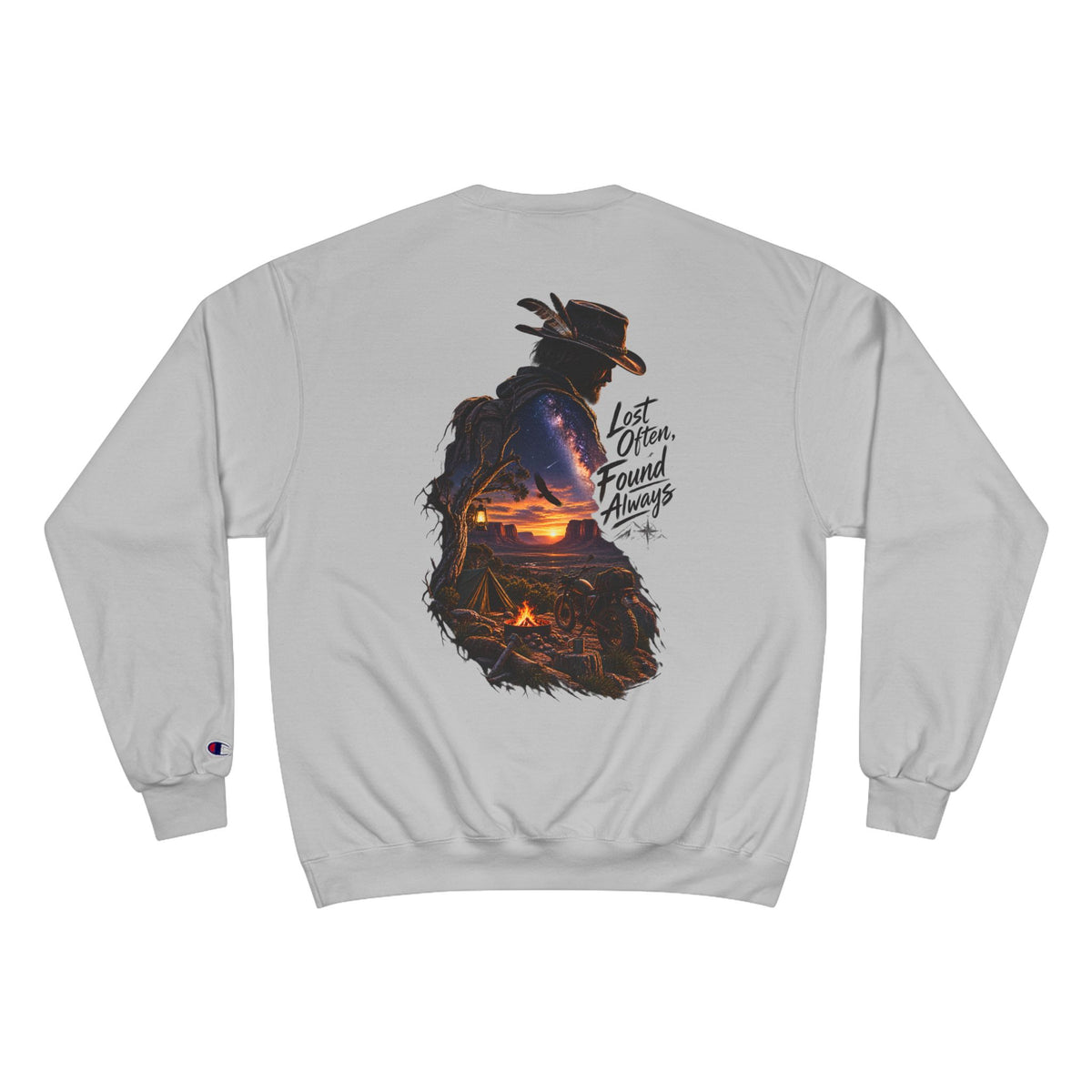 Adventure Champion Sweatshirt — 'Lost Often, Found Always' Mountain Graphic Crewneck