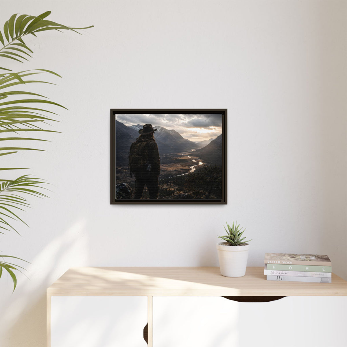 Wanderer in the Valley Matte Framed Canvas – Adventure Landscape Wall Art