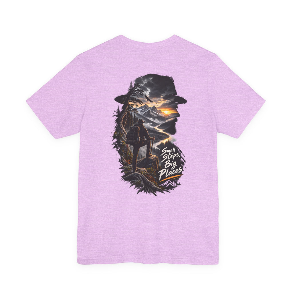 T-shirt randonnée aventure — « Petits pas, grands espaces », silhouette de montagne