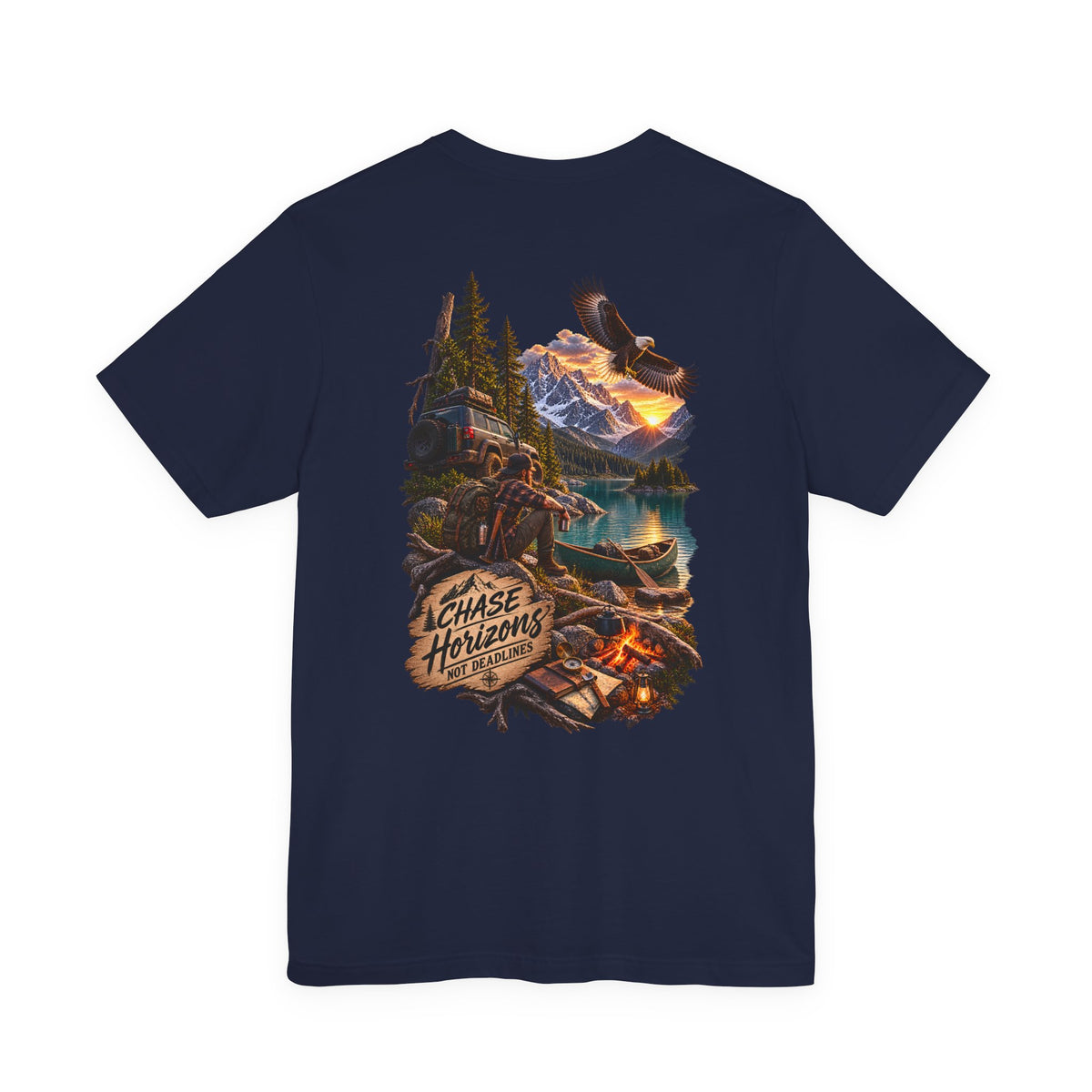 Adventure Graphic Tee — "Chase New Horizons" Mountain & Eagle Back Print
