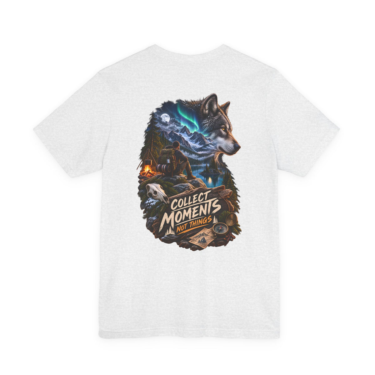 Wolf Graphic Tee – "Collect Moments Not Things" Adventure T-Shirt