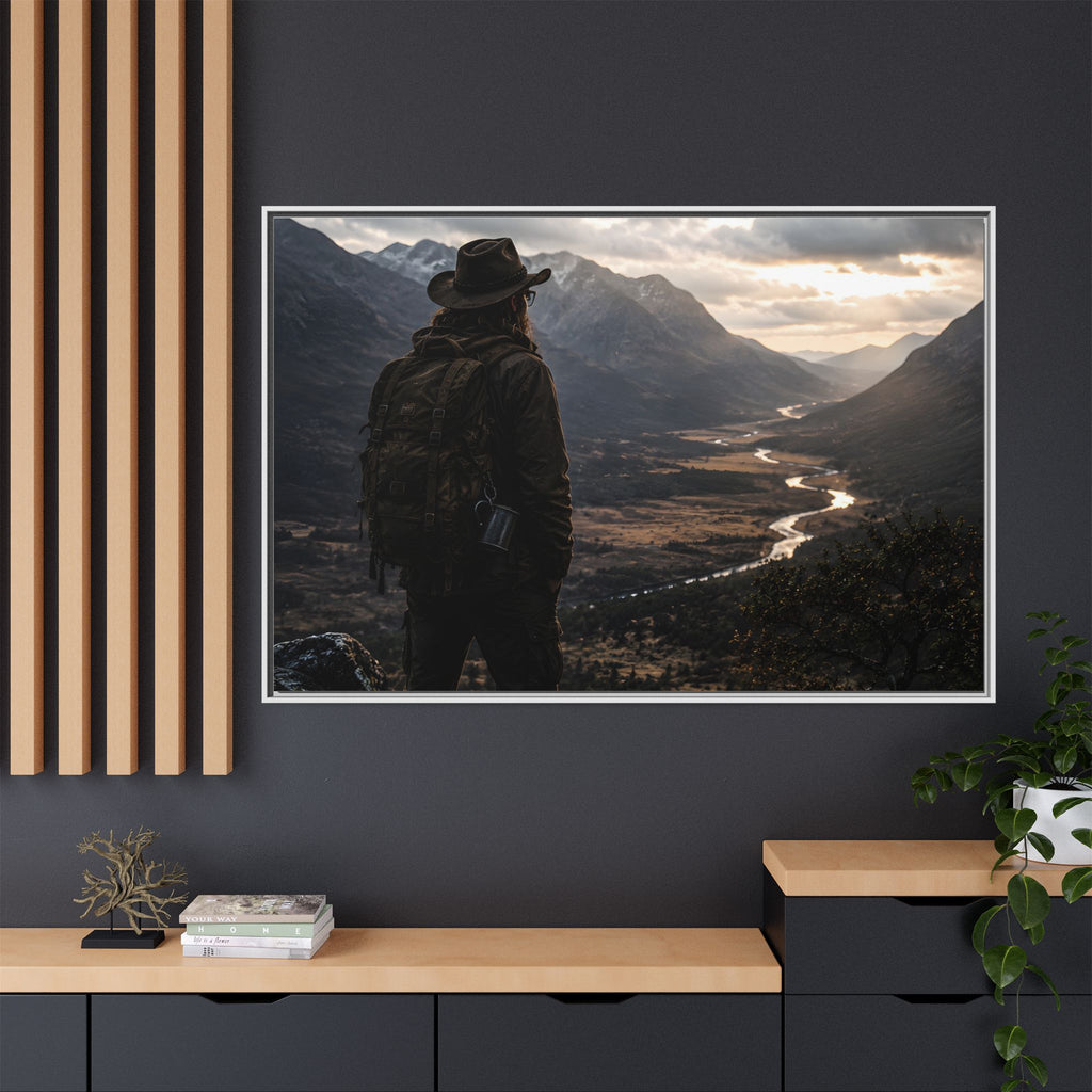 Wanderer in the Valley Matte Framed Canvas – Adventure Landscape Wall Art