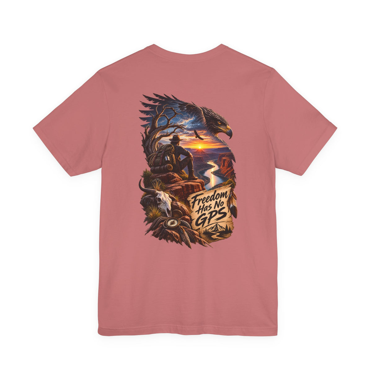 Freedom Has No GPS T‑Shirt — Patriotic Eagle Sunset Vintage Tee