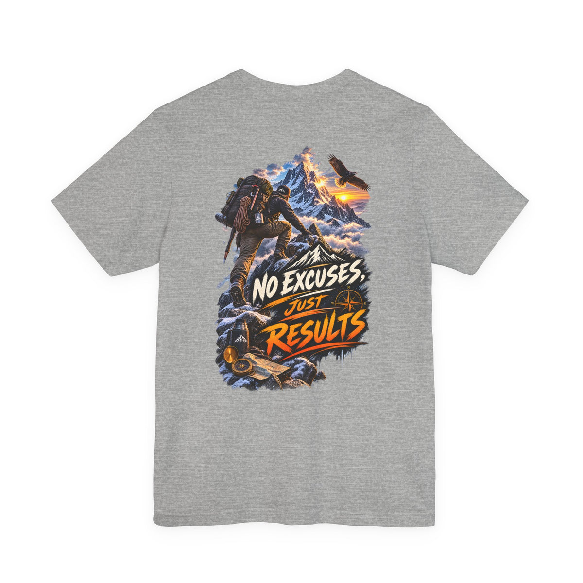 Motivational Climbing T-Shirt — "No Excuses, Just Results" Back Graphic