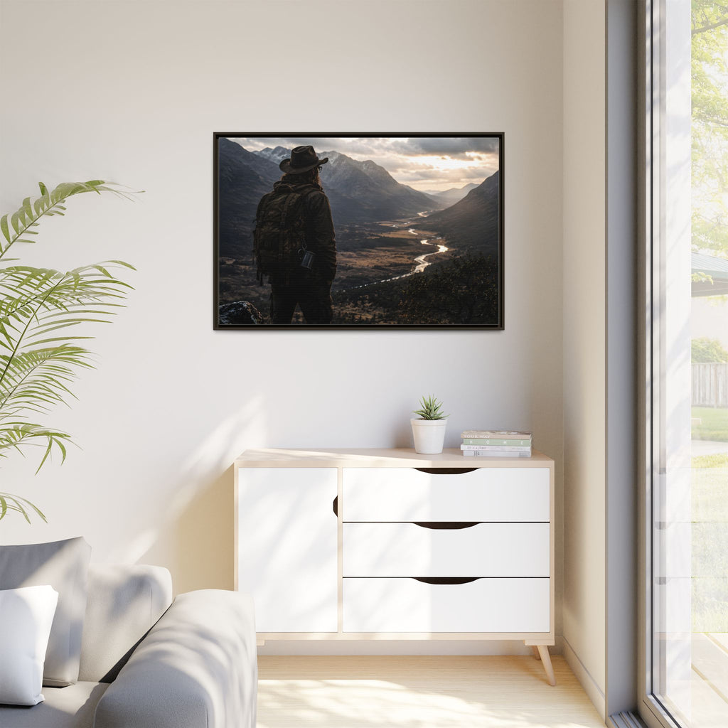Wanderer in the Valley Matte Framed Canvas – Adventure Landscape Wall Art
