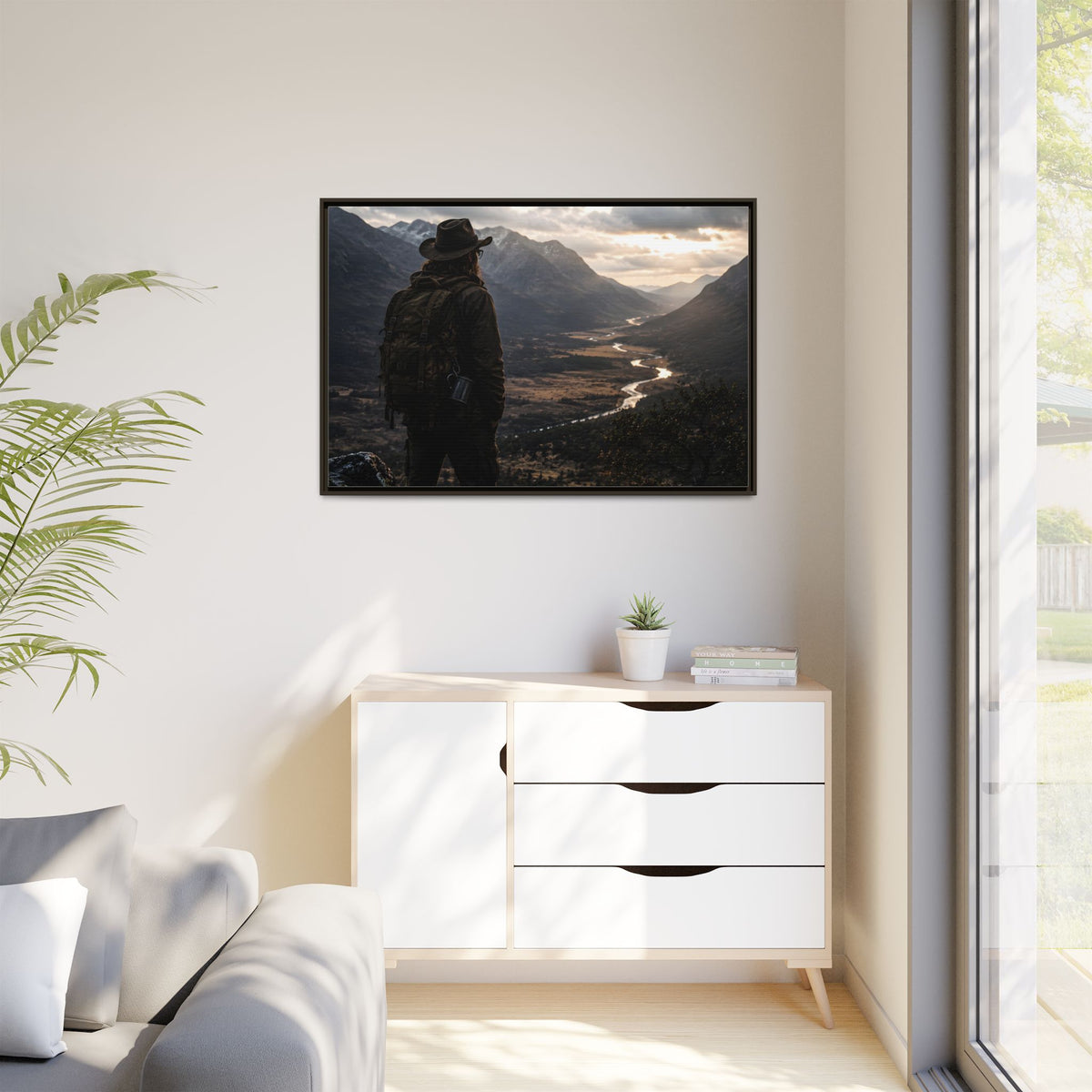 Wanderer in the Valley Matte Framed Canvas – Adventure Landscape Wall Art