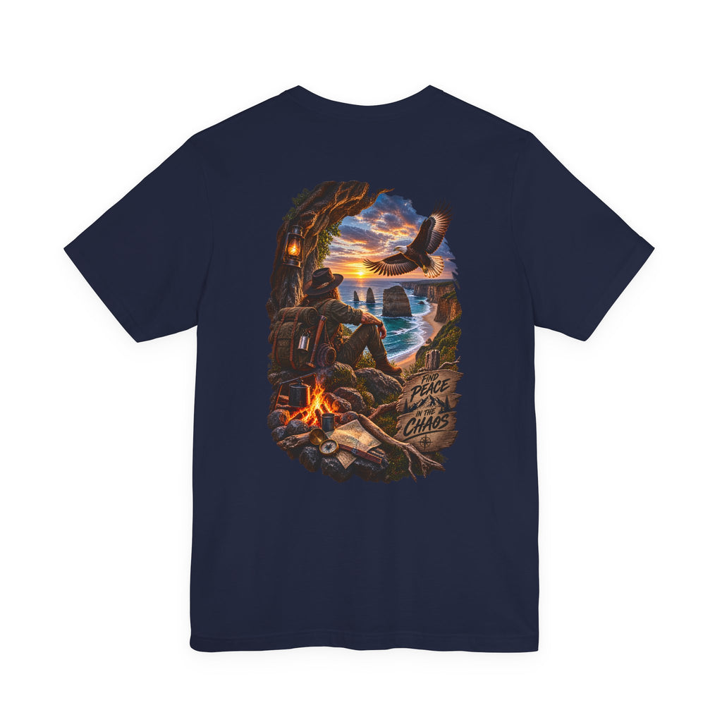 T-shirt Aventure au feu de camp côtier — Tee-shirt Coucher de soleil, Aigle & Explorateur du bord de mer