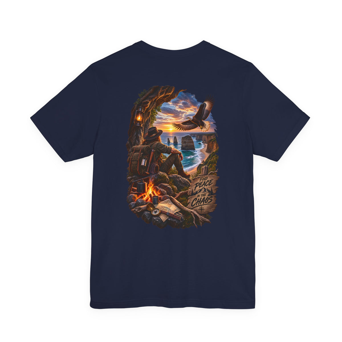 Coastal Campfire Adventure T-Shirt — Sunset, Eagle & Seaside Explorer Tee