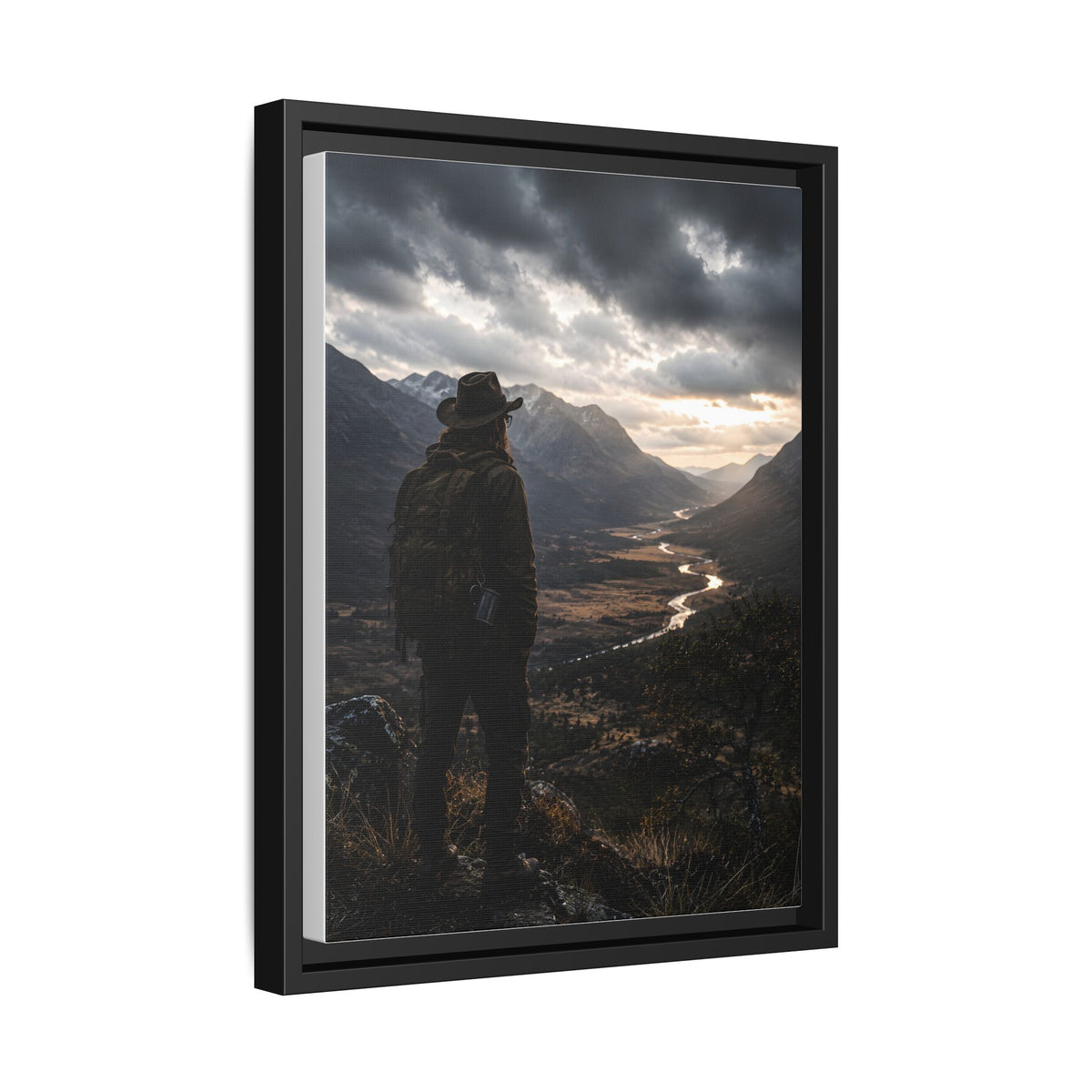 Wanderer in the Valley Matte Framed Canvas – Adventure Landscape Wall Art