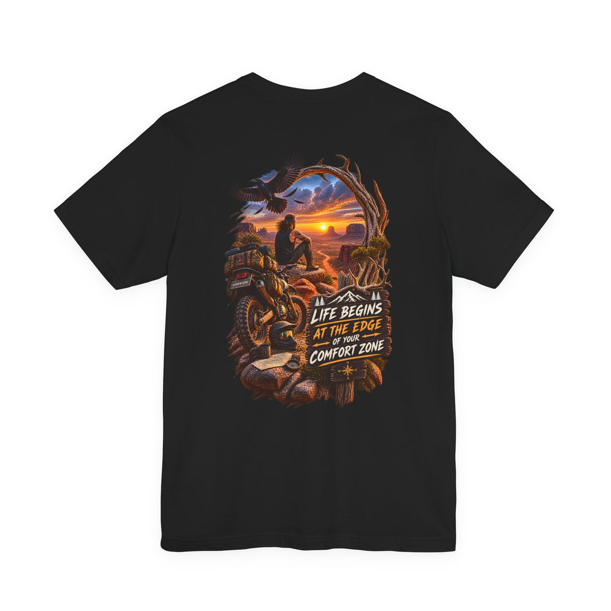 Adventure Motorcycle Tee — "Life Begins at the Edge of Your Comfort Zone"