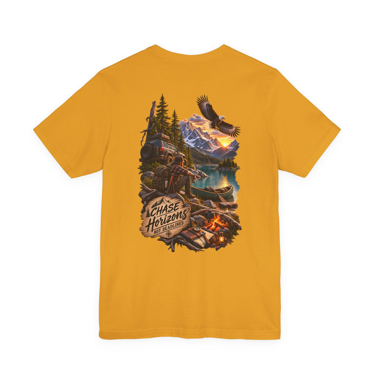 Adventure Graphic Tee — "Chase New Horizons" Mountain & Eagle Back Print