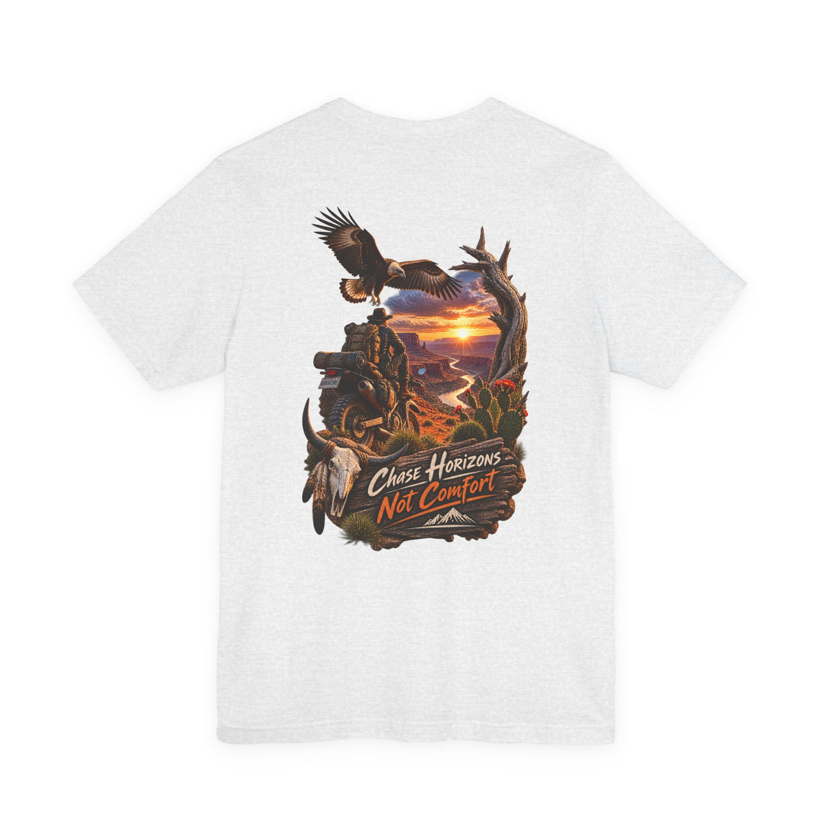 Chase Horizons Not Comfort T-Shirt — Adventure Motorcycle Sunset Graphic Tee