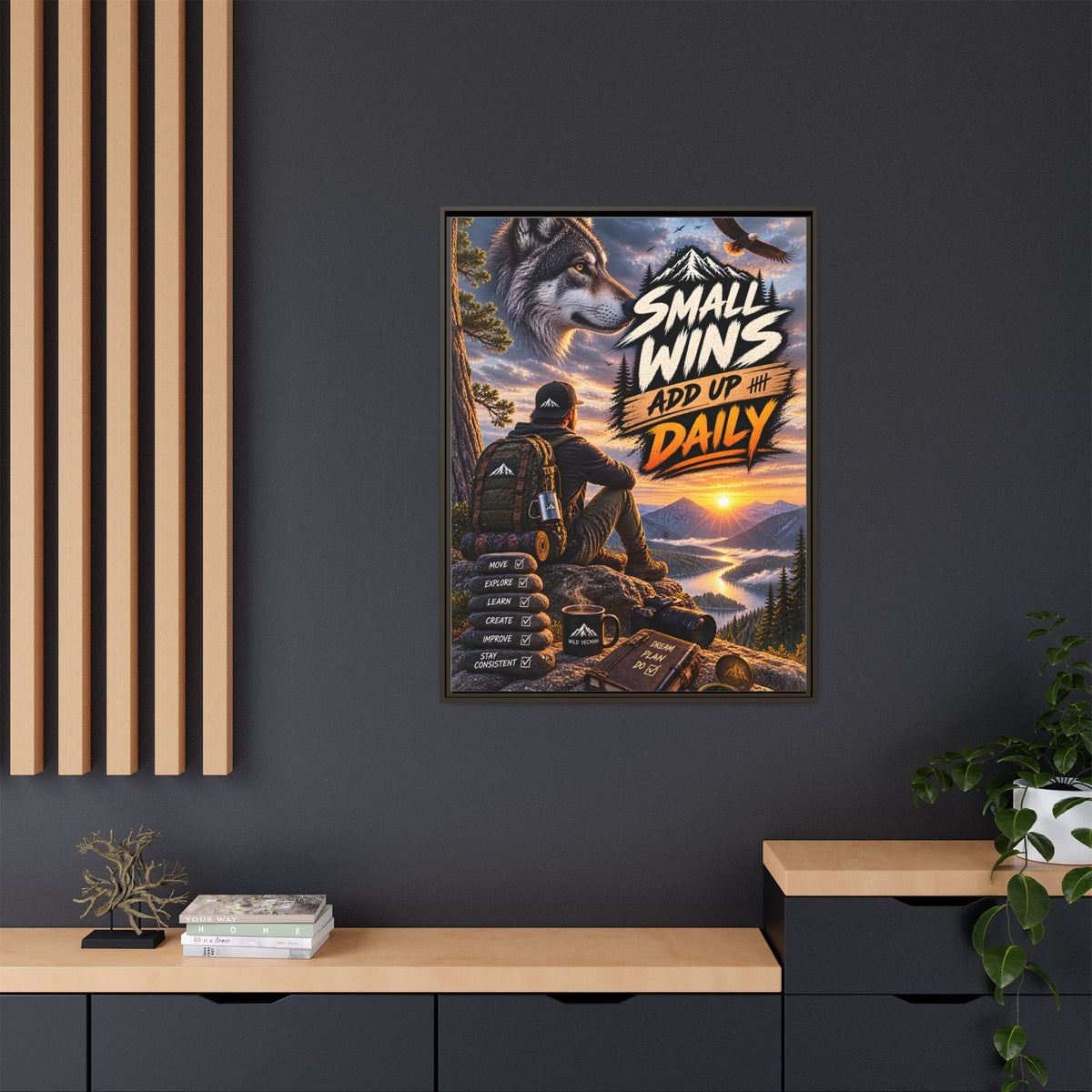 Small Wins Add Up Daily Framed Canvas Wall Art — Motivational Hiking Print