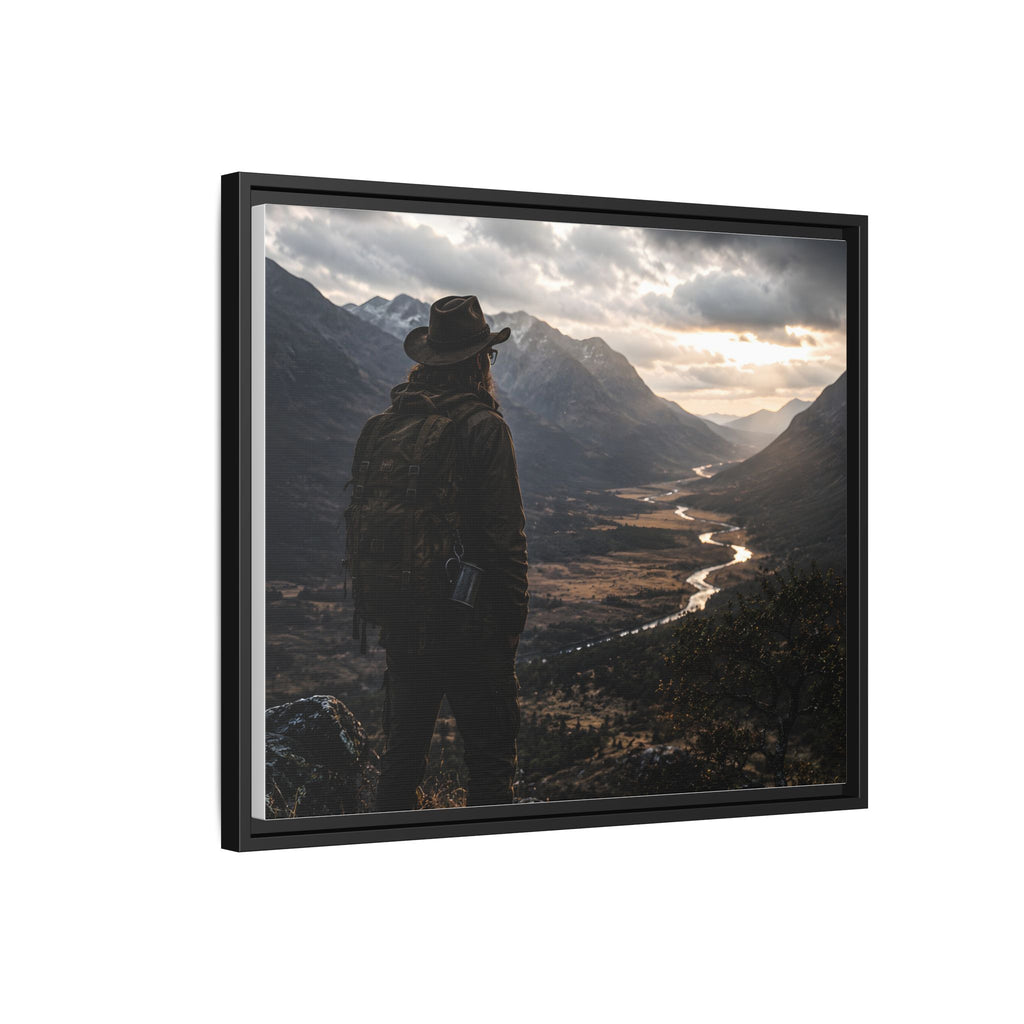 Wanderer in the Valley Matte Framed Canvas – Adventure Landscape Wall Art