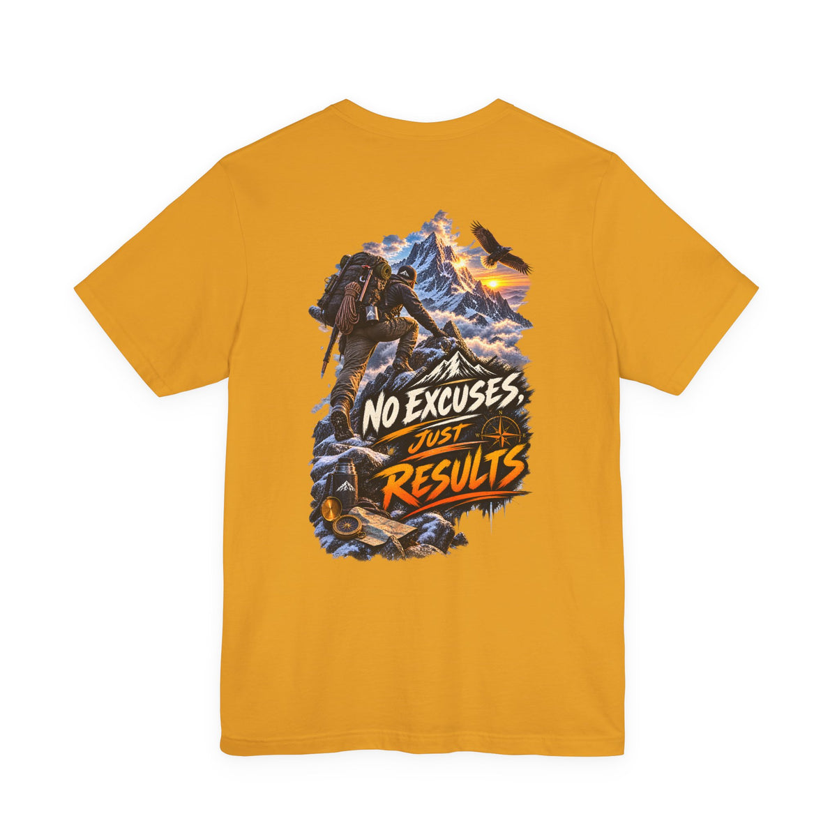 Motivational Climbing T-Shirt — "No Excuses, Just Results" Back Graphic