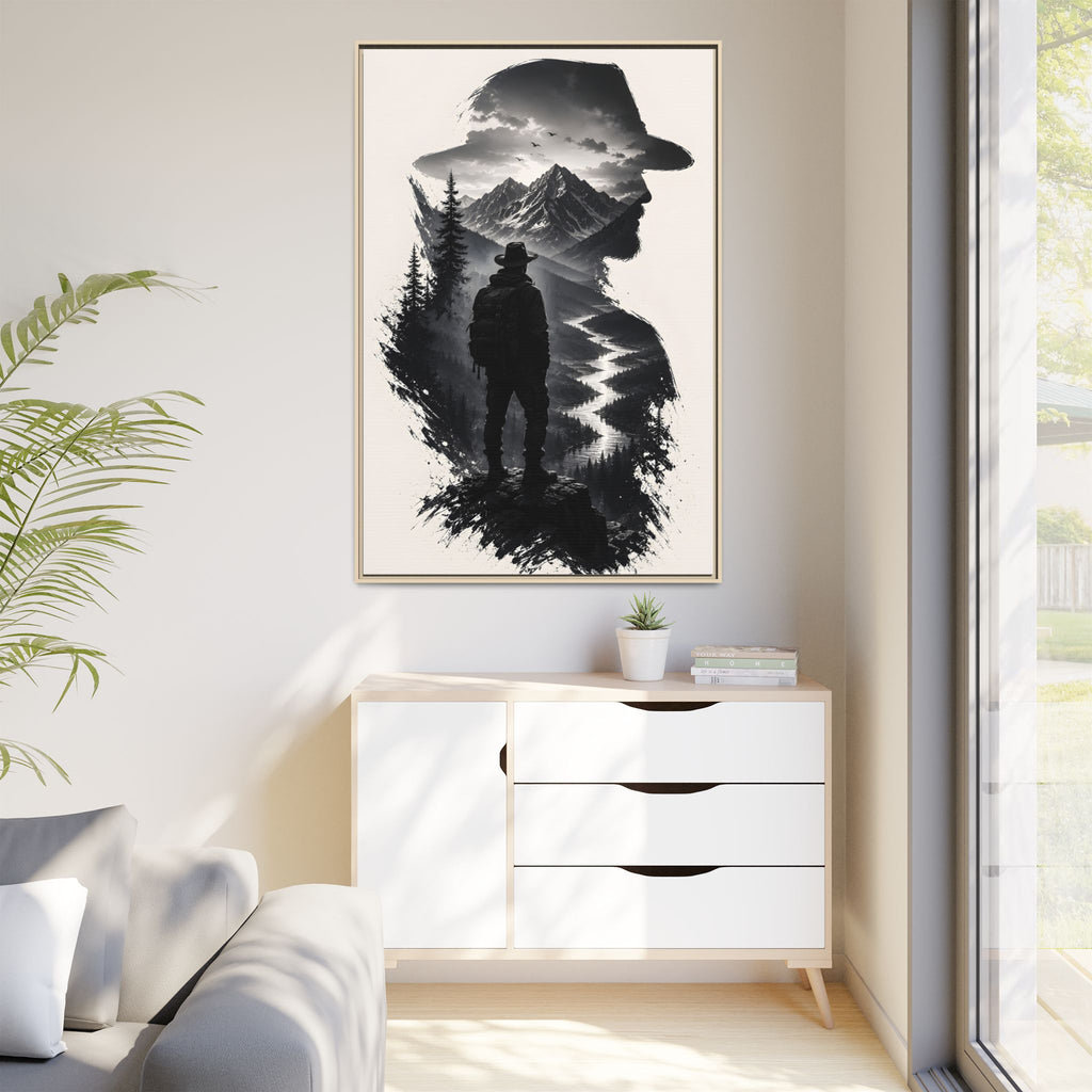 Adventure Silhouette Matte Canvas Framed Print — Mountain Hiker Double Exposure Wall Art