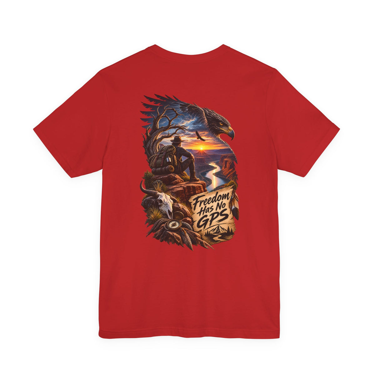 Freedom Has No GPS T‑Shirt — Patriotic Eagle Sunset Vintage Tee
