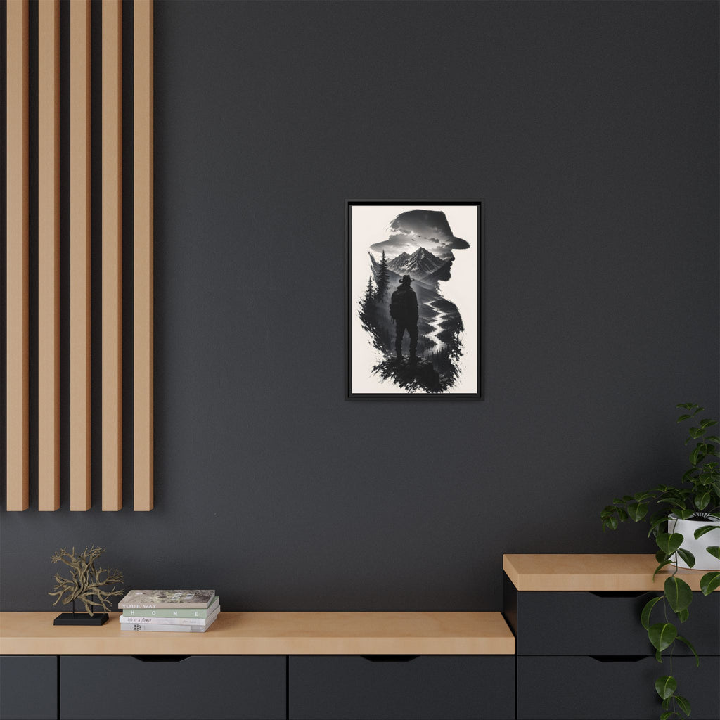 Adventure Silhouette Matte Canvas Framed Print — Mountain Hiker Double Exposure Wall Art