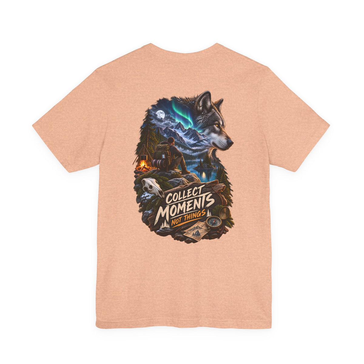 Wolf Graphic Tee – "Collect Moments Not Things" Adventure T-Shirt