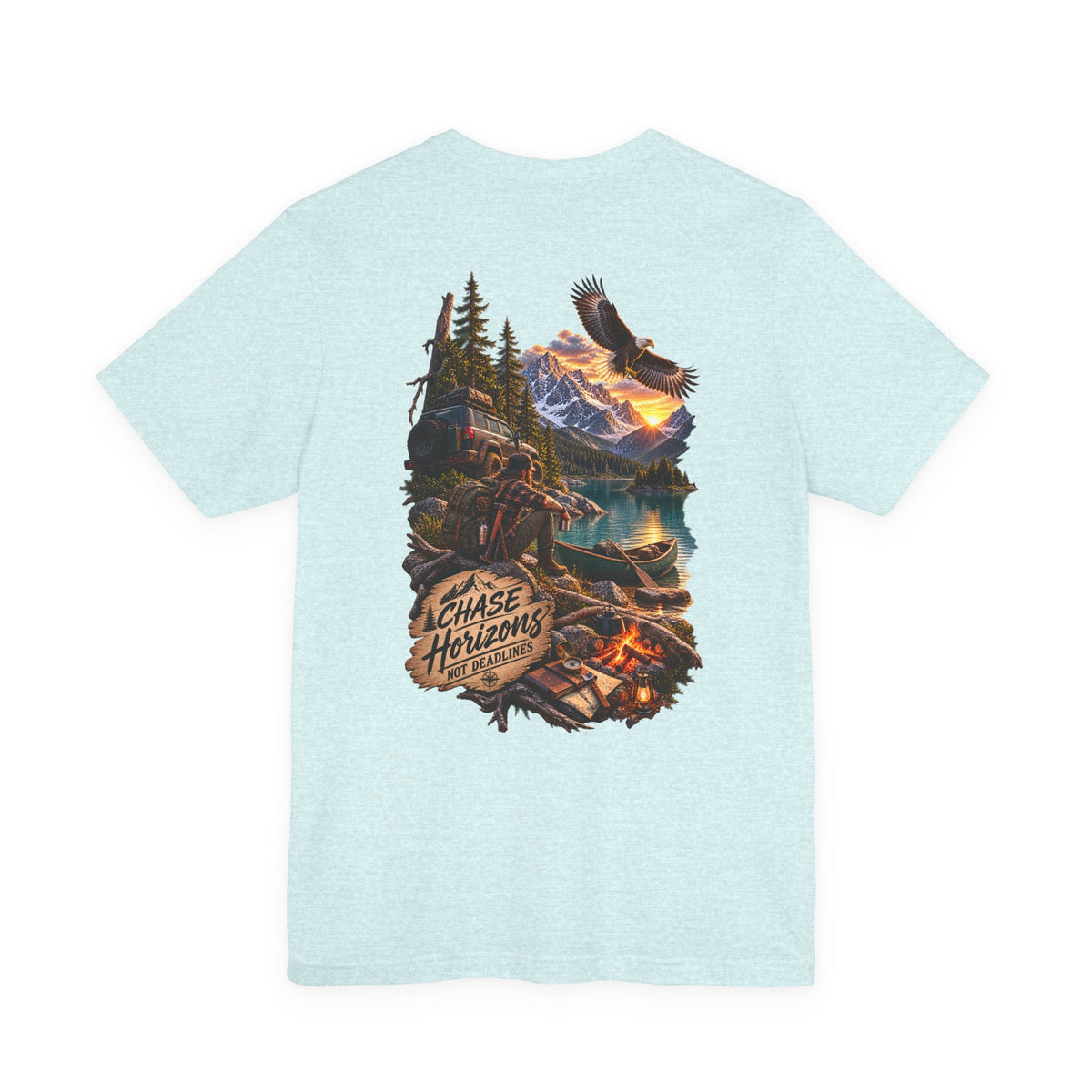 Adventure Graphic Tee — "Chase New Horizons" Mountain & Eagle Back Print