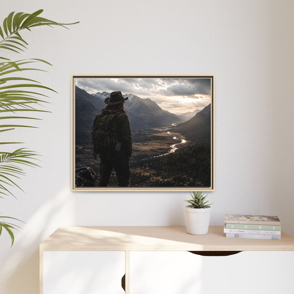Wanderer in the Valley Matte Framed Canvas – Adventure Landscape Wall Art