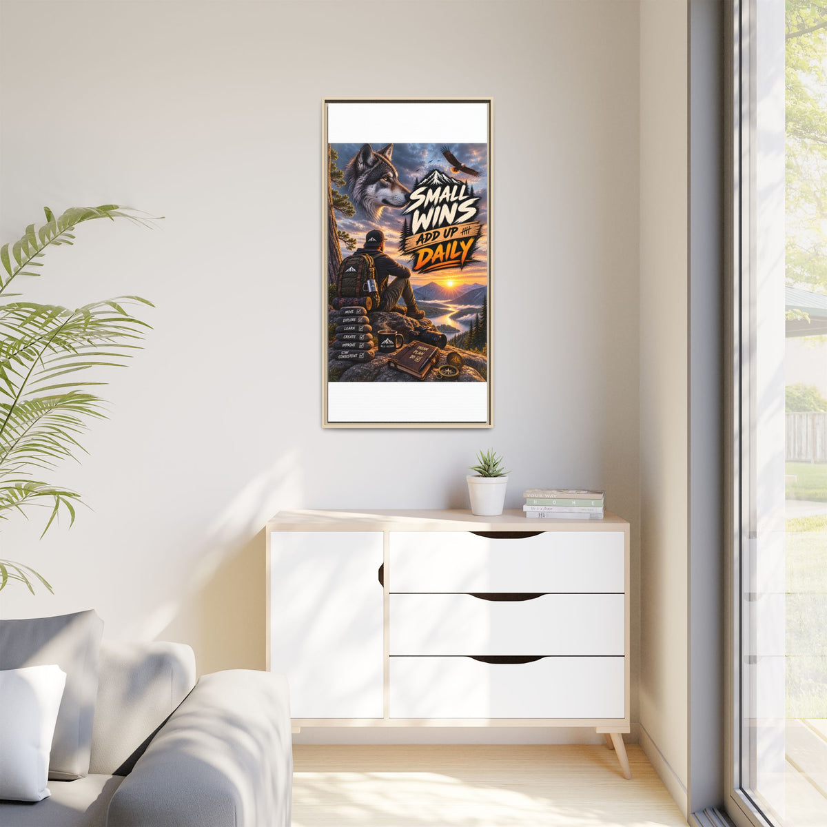 Small Wins Add Up Daily Framed Canvas Wall Art — Motivational Hiking Print