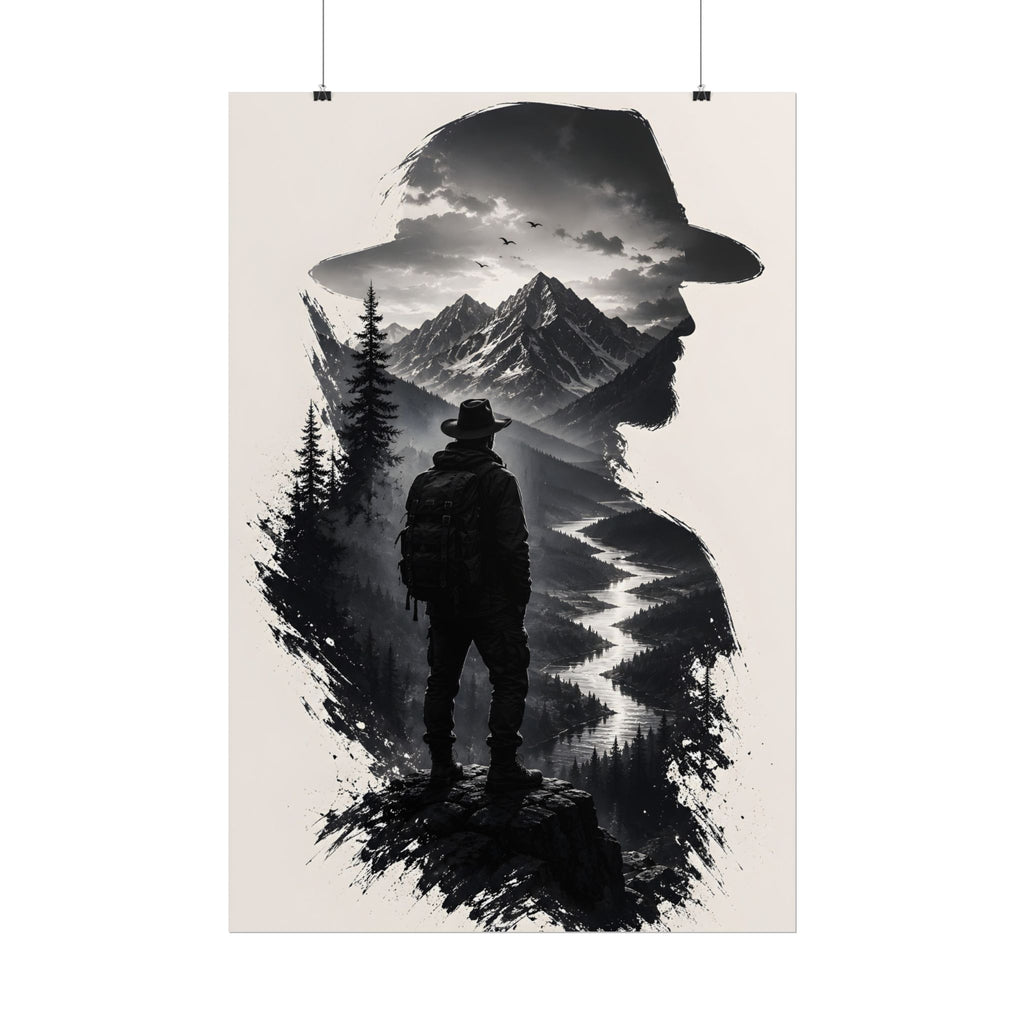 Adventure Silhouette Poster — Hiker, Mountains & River Rolled Wall Art