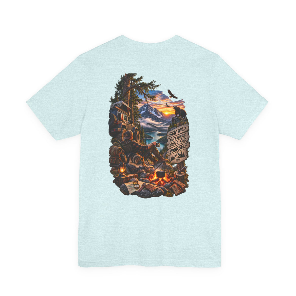 Camping Scene Backprint Tee — 'Stay Wild' Mountain Campfire Graphic T‑Shirt