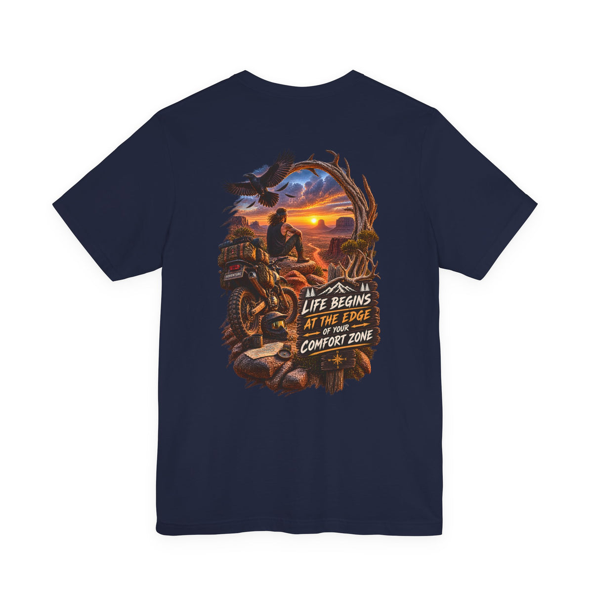 Adventure Motorcycle Tee — "Life Begins at the Edge of Your Comfort Zone"