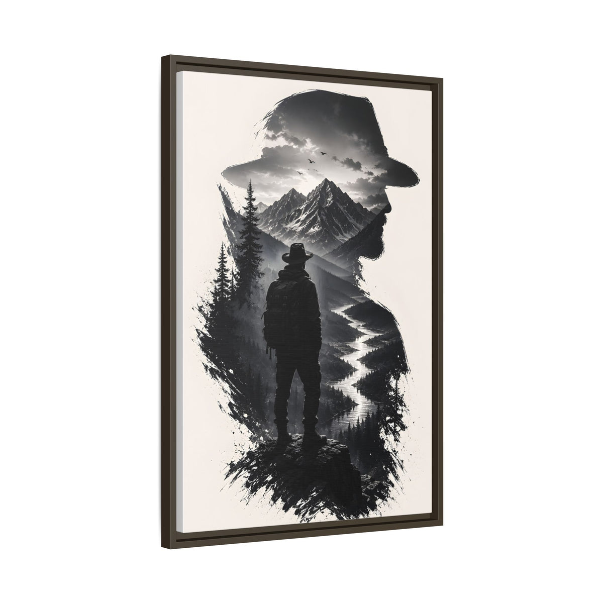 Adventure Silhouette Matte Canvas Framed Print — Mountain Hiker Double Exposure Wall Art