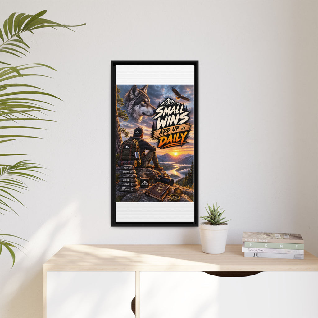 Small Wins Add Up Daily Framed Canvas Wall Art — Motivational Hiking Print