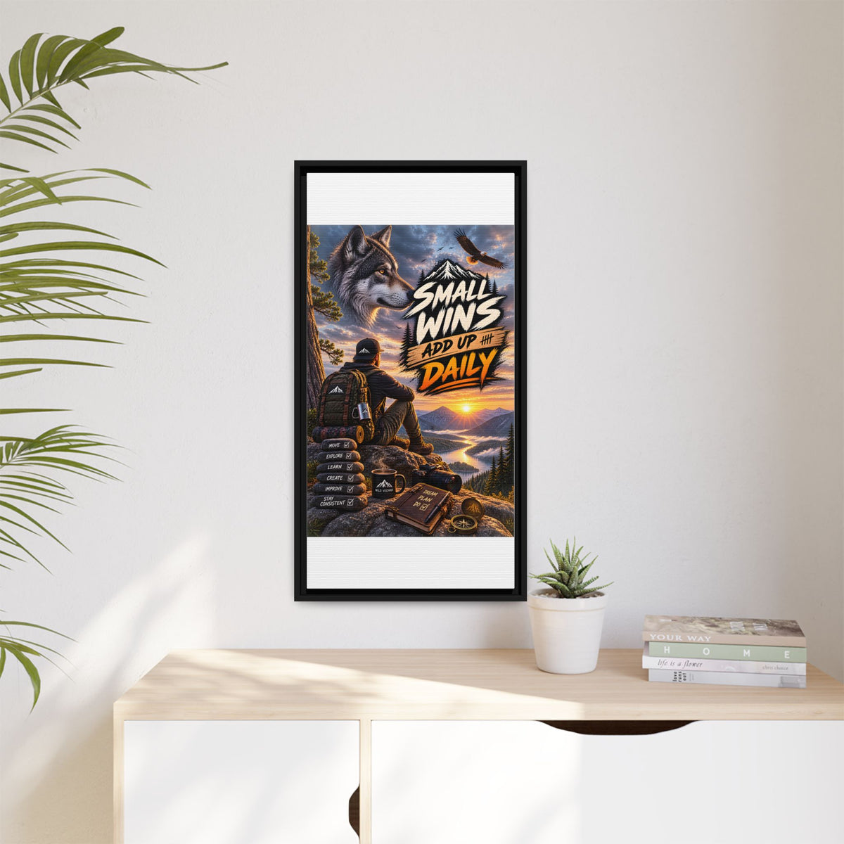 Small Wins Add Up Daily Framed Canvas Wall Art — Motivational Hiking Print
