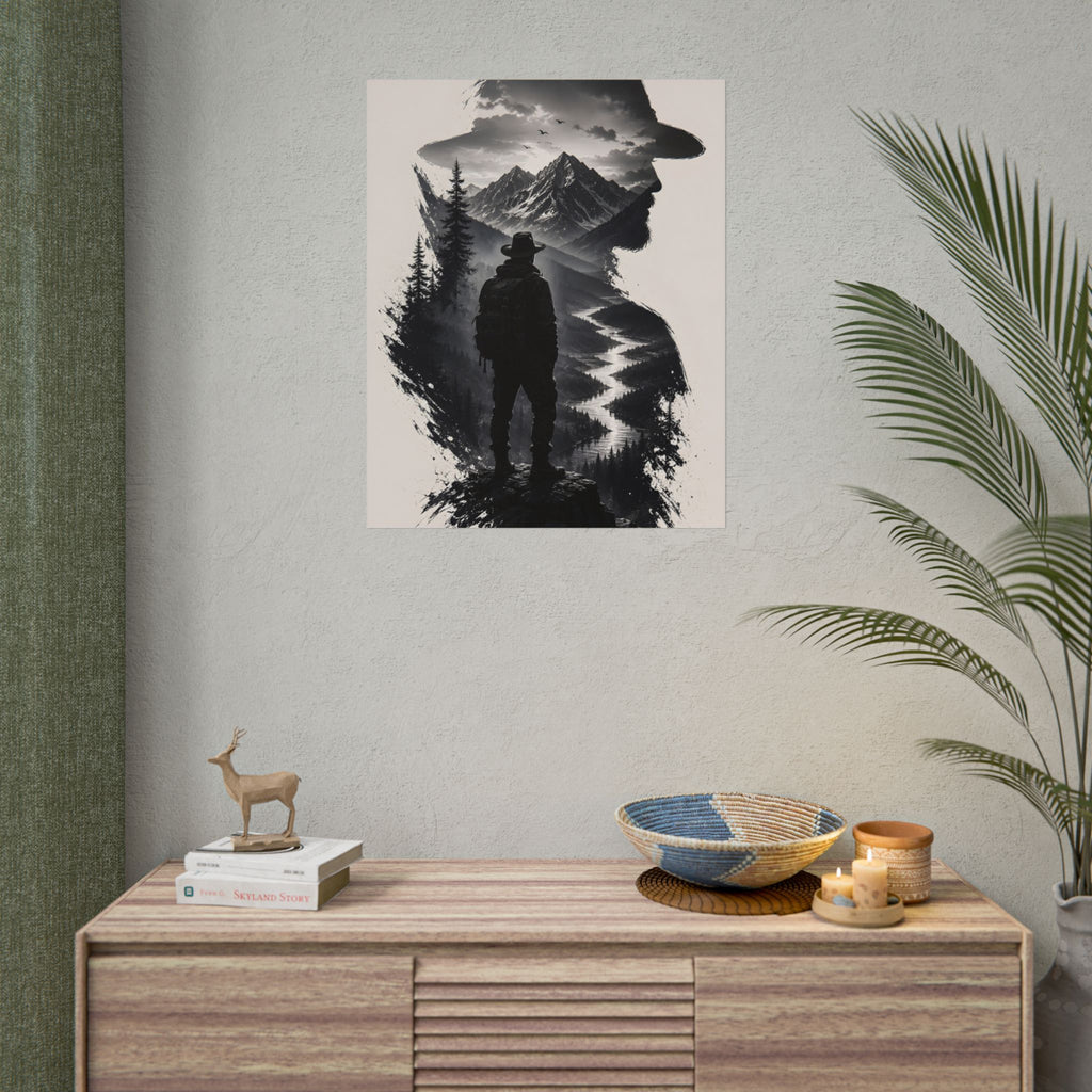 Adventure Silhouette Poster — Hiker, Mountains & River Rolled Wall Art
