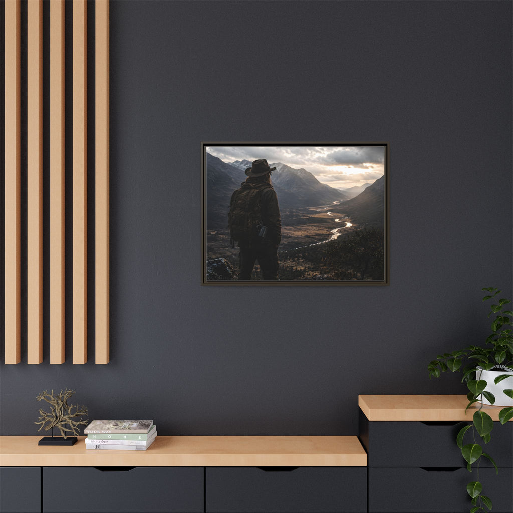 Wanderer in the Valley Matte Framed Canvas – Adventure Landscape Wall Art