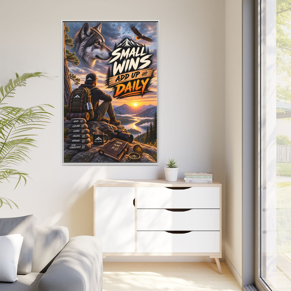 Small Wins Add Up Daily Framed Canvas Wall Art — Motivational Hiking Print