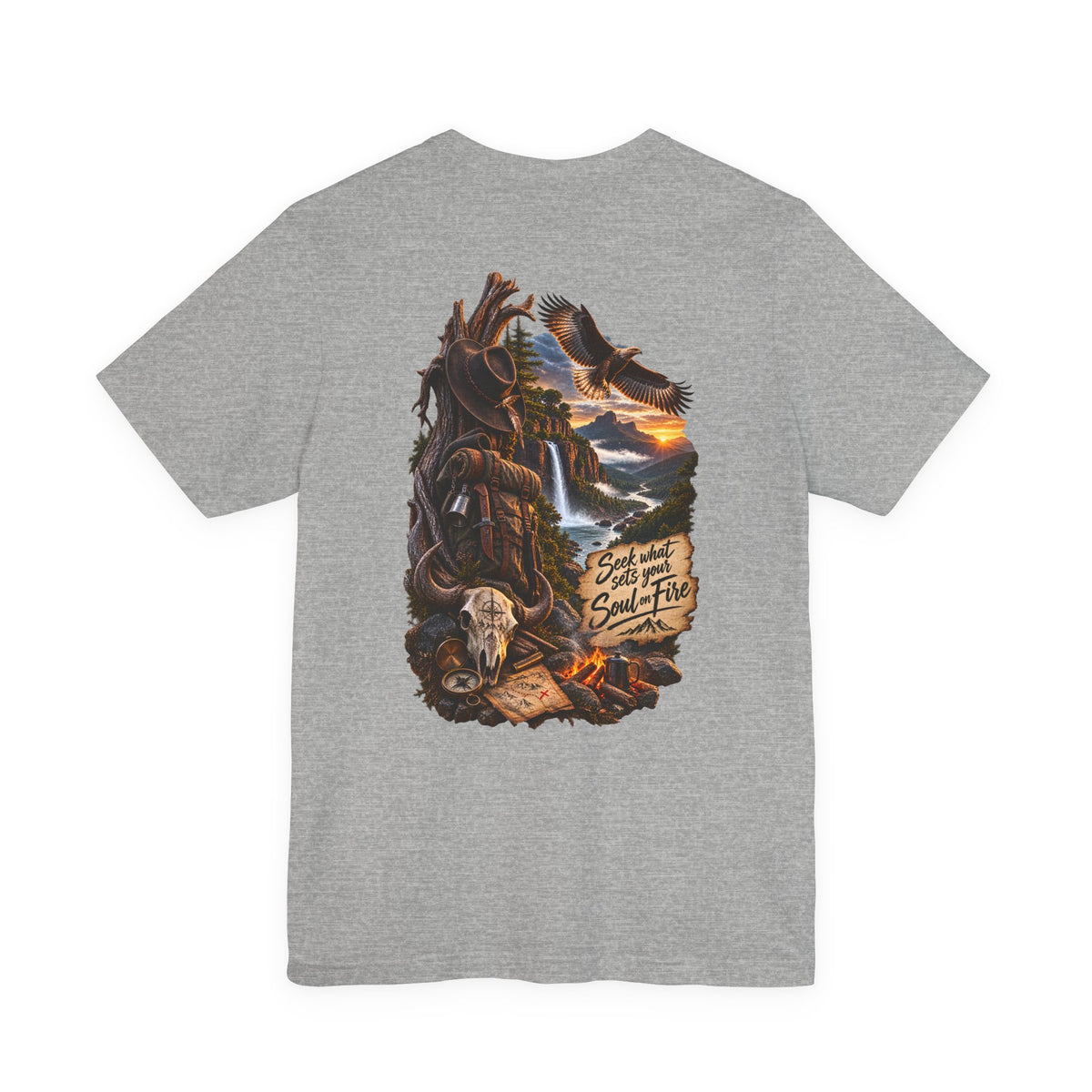 Western Wilderness T‑Shirt — “Seek the Sun, Find the Fire” Scenic Eagle & Skull Tee