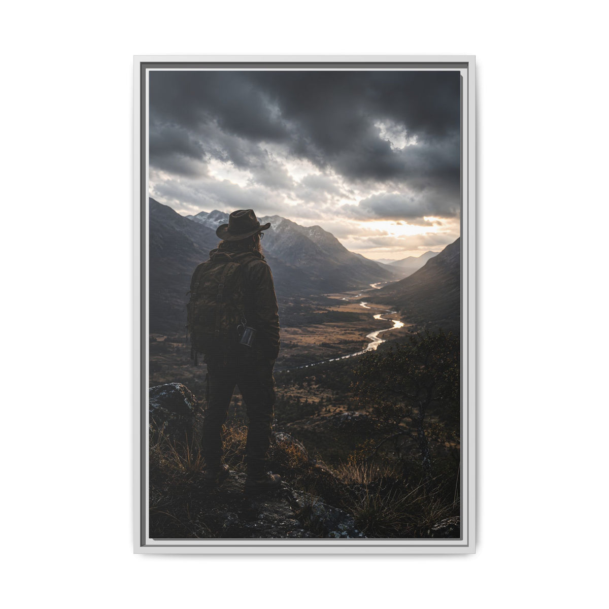 Wanderer in the Valley Matte Framed Canvas – Adventure Landscape Wall Art