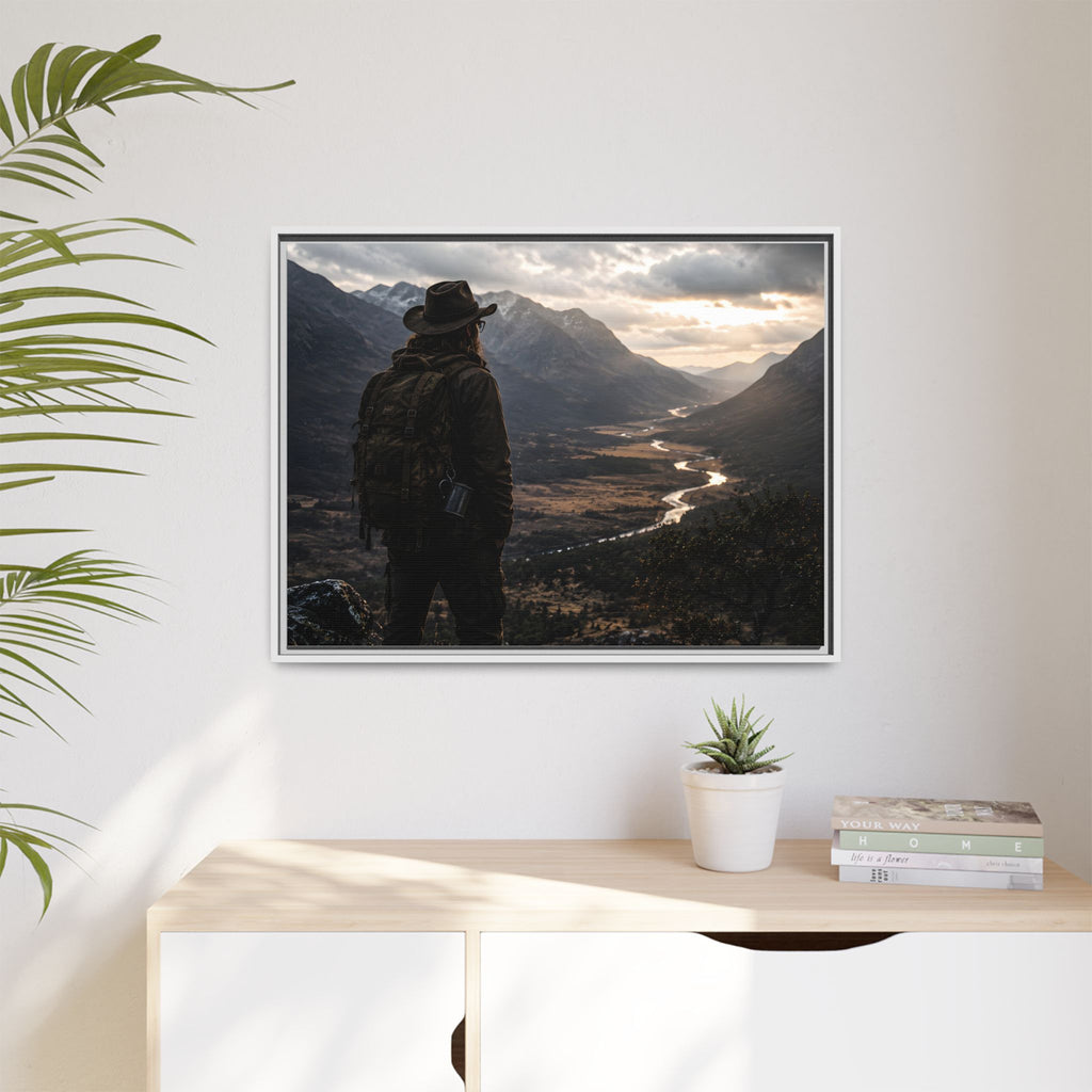 Wanderer in the Valley Matte Framed Canvas – Adventure Landscape Wall Art