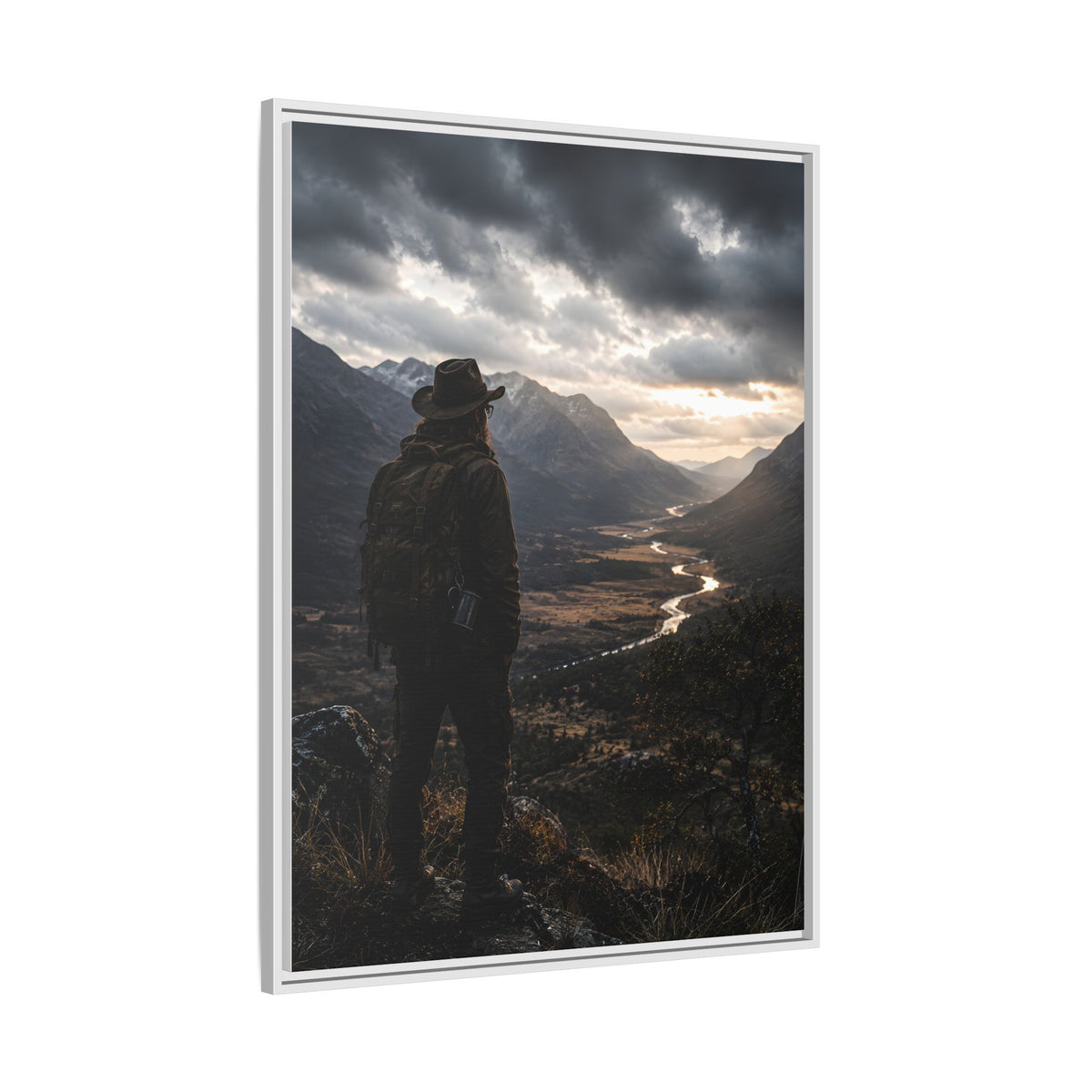 Wanderer in the Valley Matte Framed Canvas – Adventure Landscape Wall Art