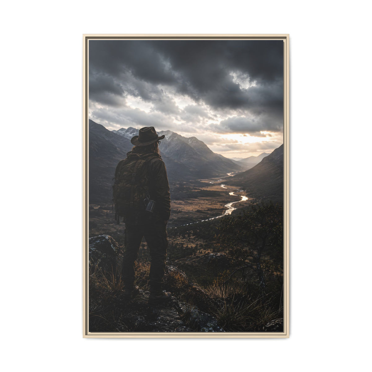 Wanderer in the Valley Matte Framed Canvas – Adventure Landscape Wall Art