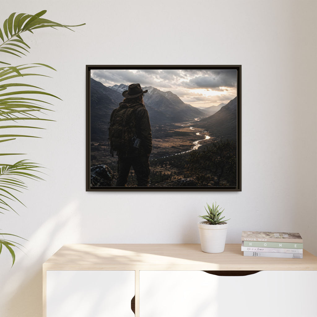 Wanderer in the Valley Matte Framed Canvas – Adventure Landscape Wall Art