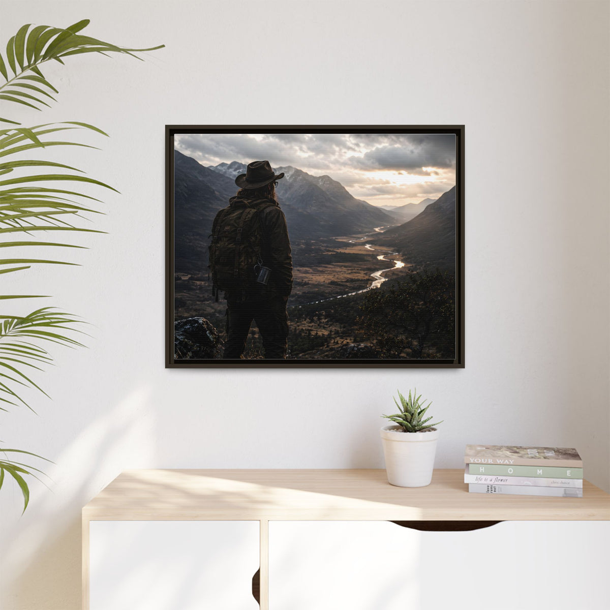 Wanderer in the Valley Matte Framed Canvas – Adventure Landscape Wall Art