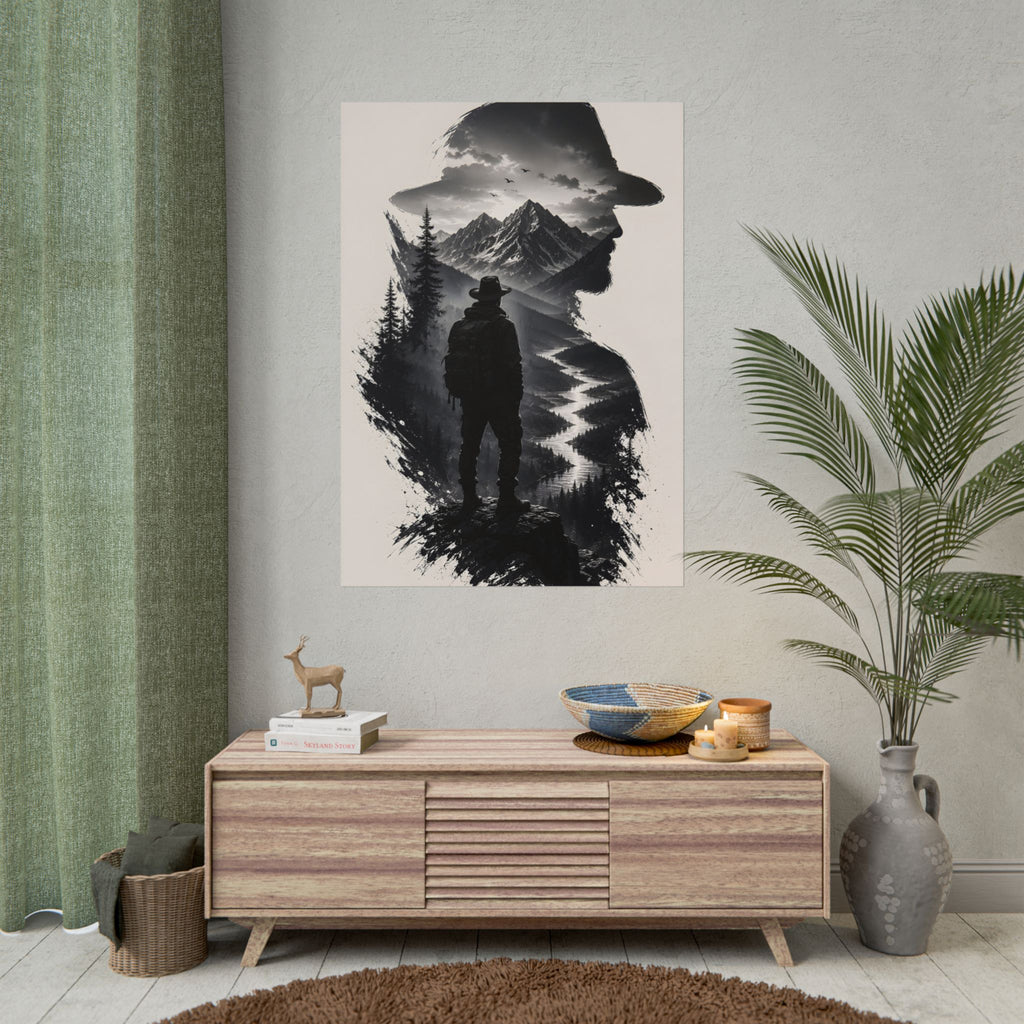 Adventure Silhouette Poster — Hiker, Mountains & River Rolled Wall Art