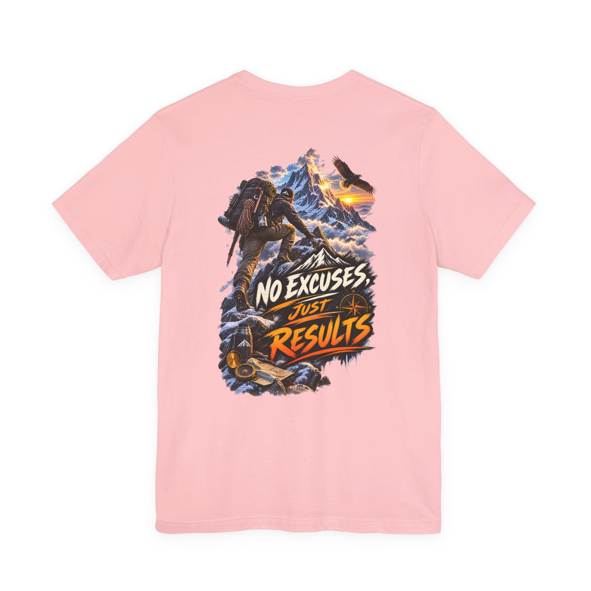 Motivational Climbing T-Shirt — "No Excuses, Just Results" Back Graphic