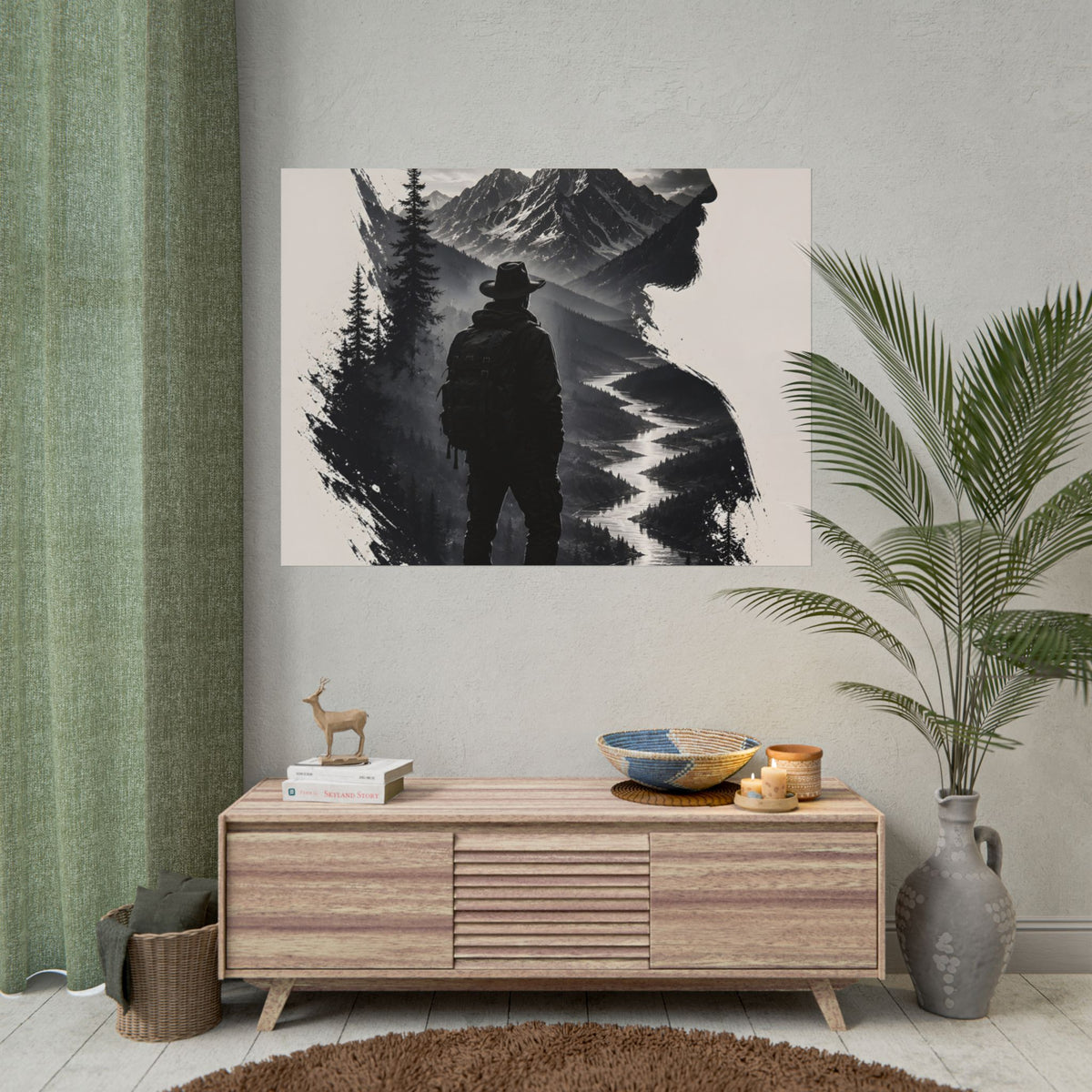 Adventure Silhouette Poster — Hiker, Mountains & River Rolled Wall Art